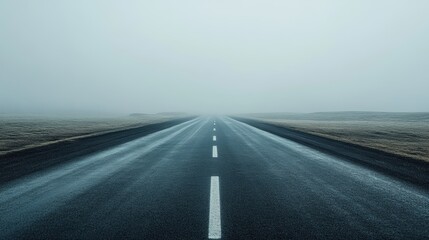 Naklejka premium Serene Isolated Road Leading into Foggy Horizon with Soft Light, Capturing the Essence of Mystery and Calm in an Uninhabited Landscape