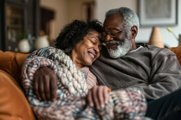 Fototapeta premium Portrait of a content mixed race couple in their 60s sharing a blanket on the couch