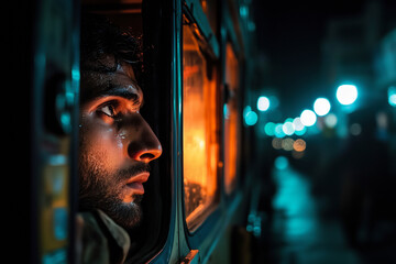 A Man's Intense Gaze: A Night Portrait in the City.  His expression reflects a mix of emotions, from contemplation to vulnerability, as he looks out from a window into the city's glowing lights.