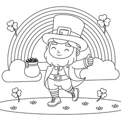 St. Patricks Day Leprechaun and a Rainbow Coloring Page for Kids