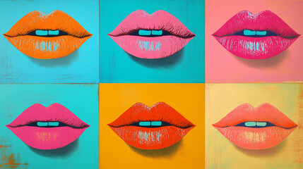 Obraz premium Vibrant pop art depiction of lips , showcasing a colorful mosaic design.