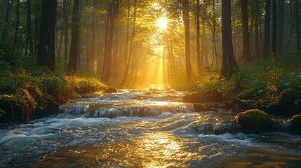 Obraz premium Serene Forest Landscape with Golden Rays of Sunlight Casting Reflections on Calm Stream Waters