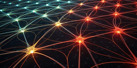Obraz premium Neural Network Abstract Composition of Glowing Nodes and Connections, Network, Neuroscience Neural Network, Neuroscience, AI