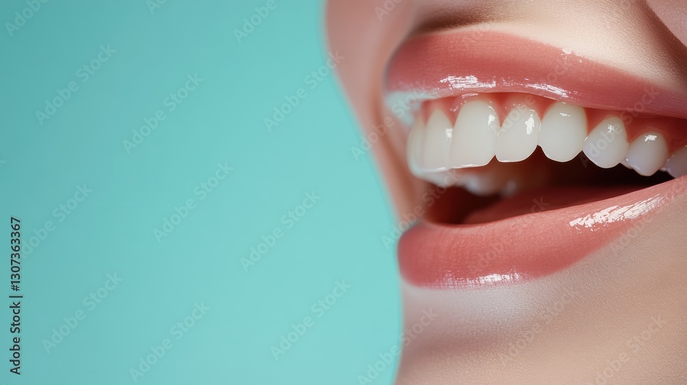 Poster smiling mouth with bright white teeth showcases recent dental check up on soft pastel background gen