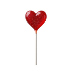 Red heart-shaped lollipop on white stick isolated on transparent background