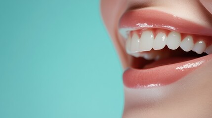 Obraz premium Smiling mouth with bright white teeth showcases recent dental check up on soft pastel background Generative AI