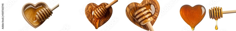 Poster isolated on a white background is a heart-shaped puddle of honey, complete with a wooden dipper for 