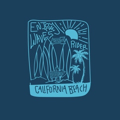 Hand drawn surf board California beach sunshine waves graphic design