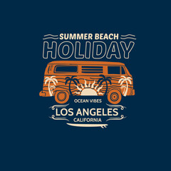 Summer  beach Holiday Los Angeles California camper van vector illustration