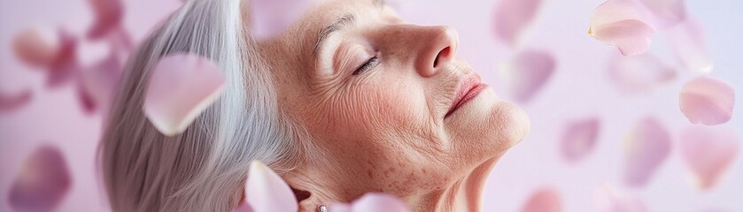 Fototapeta premium An elderly woman enjoys a moment of tranquility, surrounded by delicate lavender petals and warm pastel lighting that enhances her radiant skin, creating a peaceful atmosphere