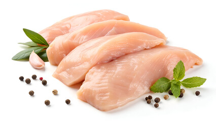 Isolated raw chicken fillet pieces showcasing the fresh and unprocessed texture for meal prep purposes.