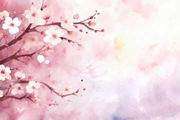 Fototapeta premium Sakura, peaches and cherries in pink-coral watercolor. Japan in spring, delicate pink landscape, spring nature