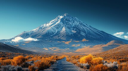 Majestic Mountain Landscape with Snow-Capped Peak Surrounded by Lush Vegetation and Clear Sky