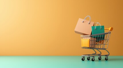 Shopping Cart with Colorful Bags Against Vibrant Background