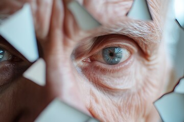 A striking fine-art portrait reveals the deep character of an elderly man, his face beautifully fragmented into delicate geometric shapes, enhanced by soft-focus lighting