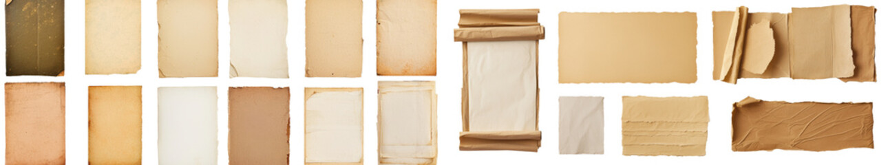 Isolated set of distressed brown paper with a grunge texture on white
