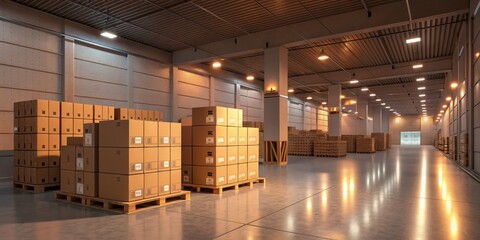 Warehouse Interior Cardboard Boxes on Pallets, Industrial Lighting, 3D Render, Logistics, Storage Logistics, 3D rendering