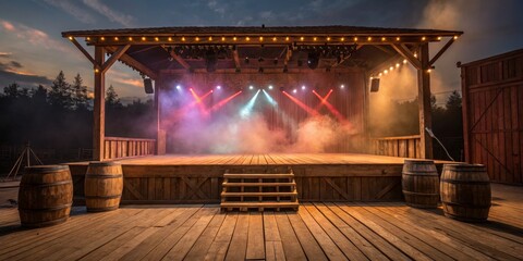 Rustic Wooden Stage with Lighting and Fog, Night Scene, Western Theme, Concert Setup, Stage Design. Western, Concert
