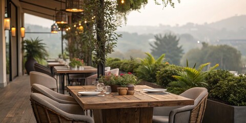 Fototapeta premium Rustic Outdoor Restaurant Table Setting Wooden Table, Greenery View, Warm Lighting, Restaurant Design Restaurant,Outdoor Dining, Table Setting