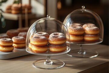 Delicious donuts on display dusted with powder sugar and covered with glass domes Ready for a sweet treat!