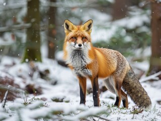 Fototapeta premium Red Fox Standing Gracefully in a Snowy Forest During Winter Season