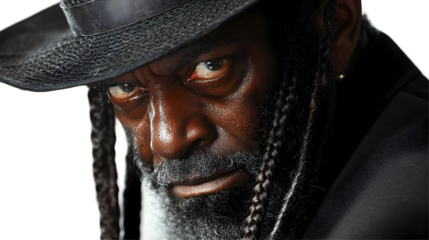 Man in Black Hat Glares with Braids, Isolated on White Background