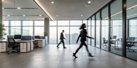 Fototapeta premium Modern Office Interior Motion Blur Photography of Businesspeople in Contemporary Workspace, Office Design, Corporate Lifestyle Office design, Motion blur photography