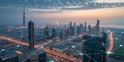 Dubai Skyline Aerial View of Smart City Network, Smart City, Aerial Photography Smart City, Network Connectivity