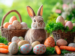 coelhinhos da P&aacute;scoa, com ovos coloridos e de chocolate