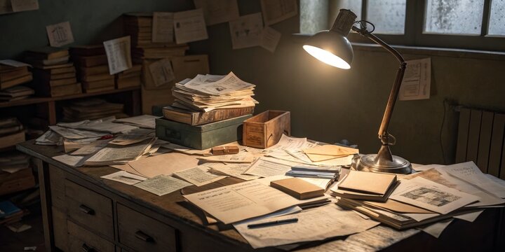 Cluttered Desk with Vintage Lamp High Angle Composition, Papers and Books, Nostalgic Atmosphere, Still Life Photography Keywords Vintage, Desk