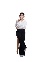Asian girl in office clothes posing with chair