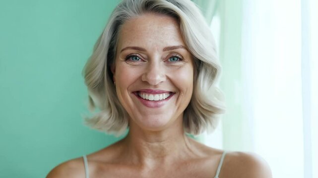 Close-up video of a joyful woman with a birthmark, expressing joy, static, natural window light, plain mint green background
