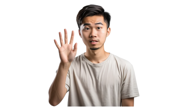 Young Man Raising Hand Expressing Greeting or Request for Attention