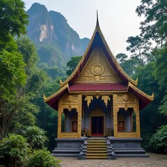 Golden Temple in Lush Mountains - Asian Architecture and Nature