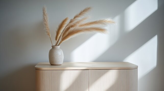 Scandinavian soft edge wooden sideboard with pampas grass against a minimalist background in warm neutral tones