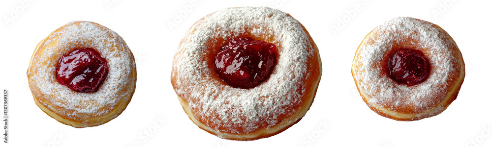 Aufkleber the picture presents a delectable donut accompanied by jelly and powdered sugar, standing out agains