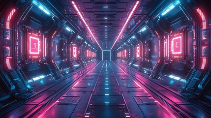 Futuristic Sci-fi Corridor with Neon Lights and Advanced Technology