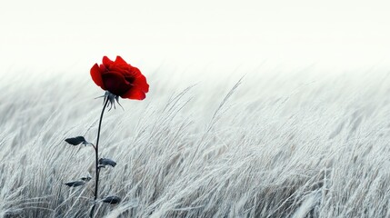 Naklejka premium Single red rose in a field of tall grass.