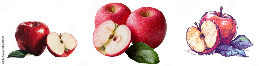 Poster the picture presents a red apple that has been halved, an apple with green leaves set against a whit