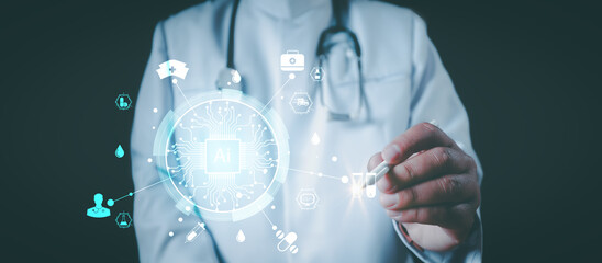 Medical worker using stethoscope on virtua medical AI technology services concept.Doctor hold virtual medical revolution and advance of technology Artificial Intelligence technology for future Health