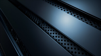 Obraz premium Abstract image featuring sleek metallic panels with perforated designs and dramatic lighting.