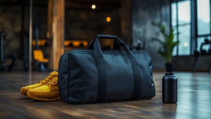 A black gym bag with yellow athletic shoes and a water bottle on a wooden floor in a fitness club. Athlete's gear set for exercise. Personal fitness equipment. Pursuing a healthy lifestyle. Active