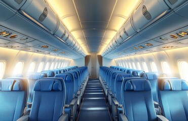 Obraz premium The empty cabin of the aircraft, with its comfortable seats, underscores a spacious interior design that enhances modern air travel comfort. The modern plane interior boasts blue seats with white