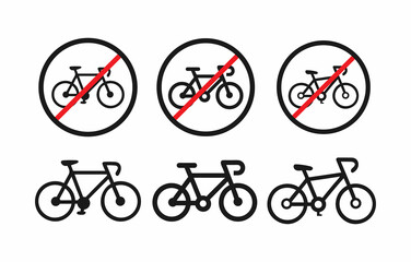 A set of simple, black outline icons depicting bicycles with a red diagonal line through them, indicating a prohibition.