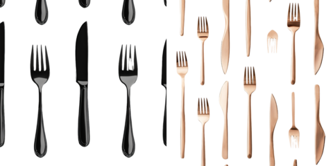 A seamless pattern of a fork, knife, spoon, and cutlery is shown isolated on a white background