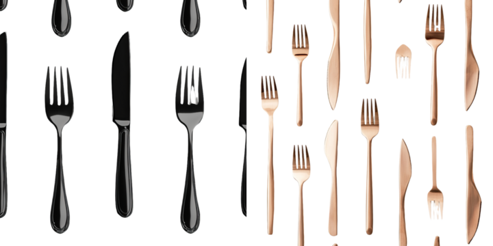 A seamless pattern of a fork, knife, spoon, and cutlery is shown isolated on a white background