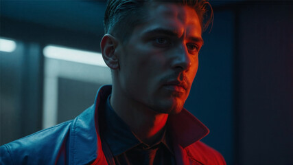 Moody cyberpunk-inspired portraits of a stylish man in a neon-lit city at night. Perfect for editorial, fashion, tech, and cinematic projects seeking futuristic, urban, and dramatic aesthetics.
