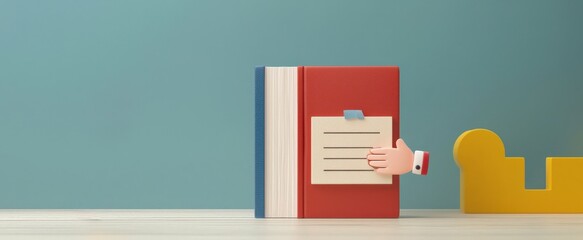 Fototapeta premium law restriction policy concept. Colorful books with a hand holding one on a minimalist shelf background.