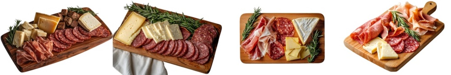 On a white background, a buffet party spread is showcased, with a wooden cutting board holding a diverse selection of antipasti, charcuterie, cheese, and snacks, captured from directly above