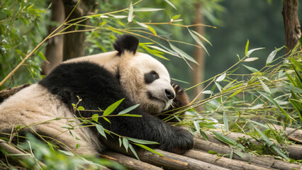 Obraz premium sleepy panda resting among delicate bamboo leaves, surrounded by nature tranquility. serene atmosphere enhances panda peaceful demeanor, creating calming scene